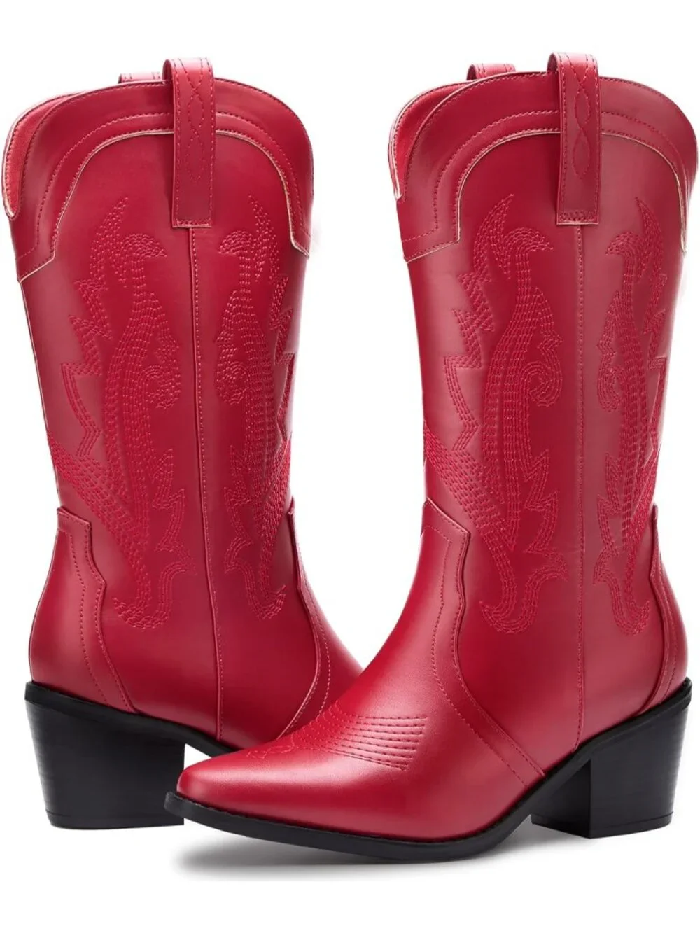 Women's Red Cowboy Boots Pointed Toe Western Boots Embroidered Mid Calf Boots - Picture 4 of 6